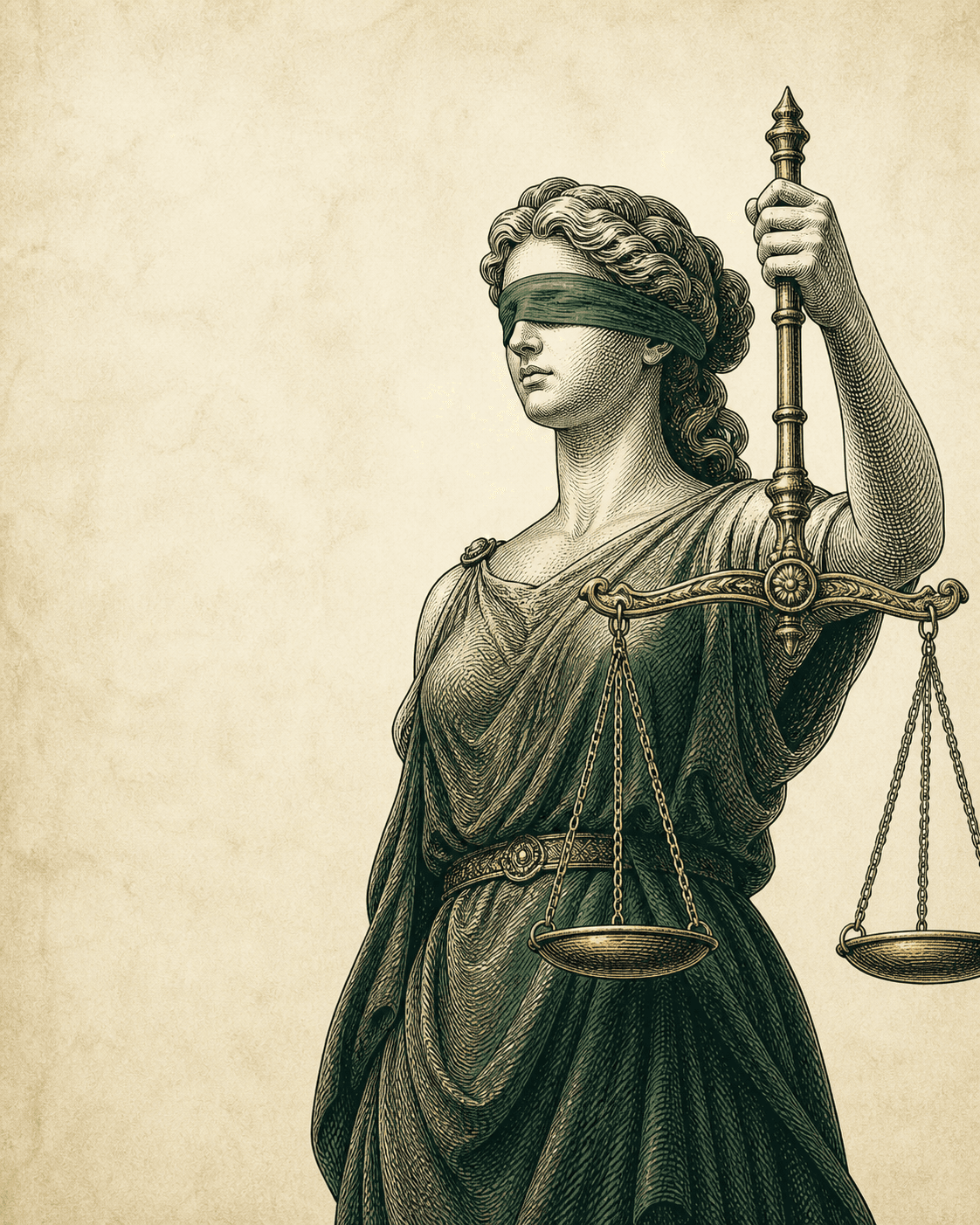 An engraved depiction of Lady Justice holding balanced scales